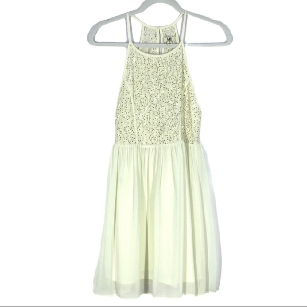 YA Los Angeles Ivory Silk Sequin Halter Mini Dress